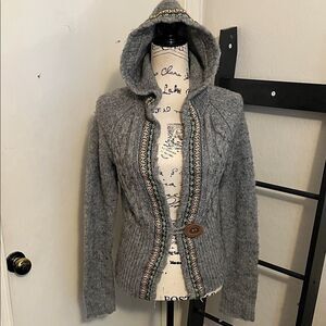 Free People Gray Embroidered Patterned Trim Hooded Sweater Cardigan Bohemian